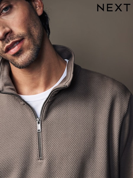 Neutral Quarter Zip Textured Funnel Sweatshirt (E12951) | AED70