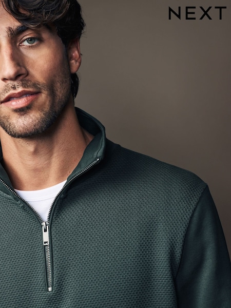 Green Zip Neck Quarter Zip Textured Funnel Sweatshirt (E12952) | AED70