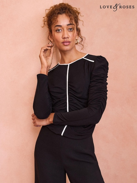 Love & Roses Black Ruched Front Jersey Blouse (E12955) | 97 QAR