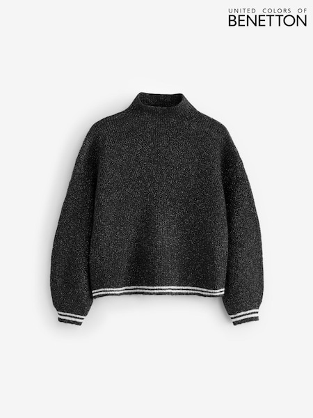 Benetton High Neck Black Sweater In Fishermans Rib With Contrasting Edges (E13062) | 2 403 грн