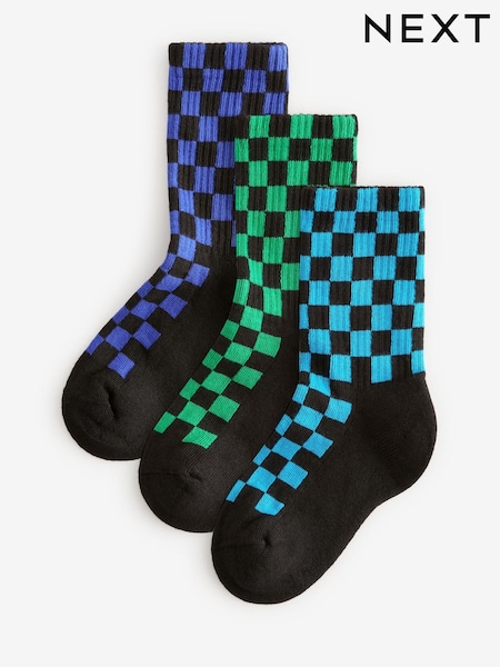 Checkerboard Cushioned Footbed Cotton Rich Ribbed Socks 3 Pack (E13100) | €3.50 - €5.50