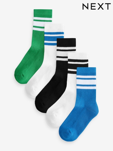 Blau/Grün/Weiß - Cushioned Footbed Cotton Rich Ribbed Tipped Socks 5 Pack (E13104) | 7 € - 9 €