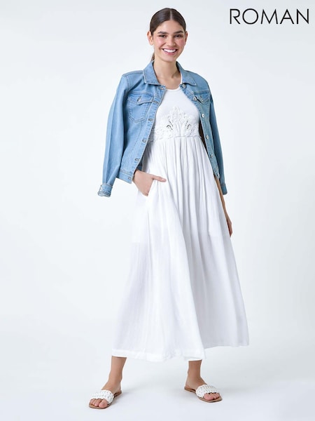Roman White Cotton Blend Lace Detail Midi Dress (E13131) | €53