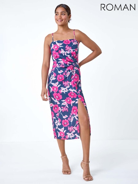 Roman Floral Linen Look Ruched Midi Dress (E13142) | ‏346‏₪