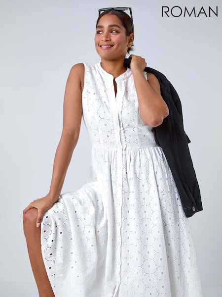 Valkoinen - Roman Kukallinen  100% Cotton Broderie anglaise Midi- Mekko (E13144) | €76