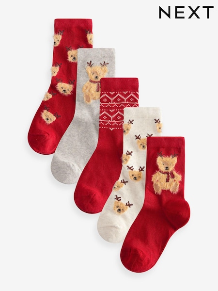 Rot/Creme mit Bär - Cotton Rich Christmas Socks 5 Pack (E13164) | 7 € - 9 €