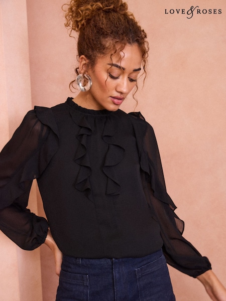Love & Roses Black Ruffle Crew Neck Long Sleeve Blouse (E13281) | 94 QAR