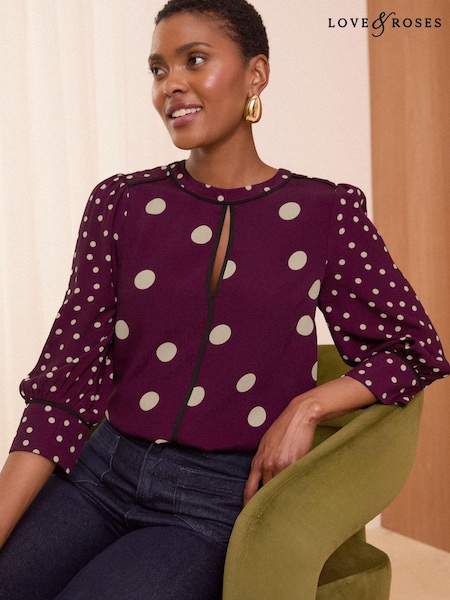 Love & Roses Red Polka Dot Animal Tipped Crew Neck Long Sleeve Blouse (E13288) | €22.50