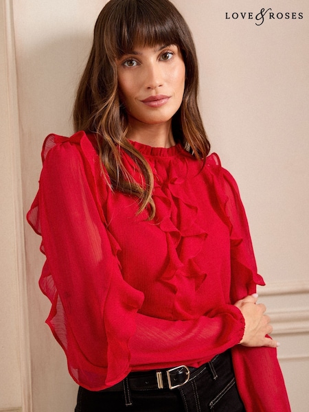 Love & Roses Red Petite Ruffle Crew Neck Long Sleeve Blouse (E13297) | 94 QAR