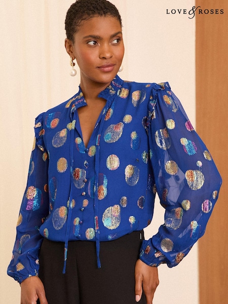 Albastru - Love & Roses Ruffle Sheer Tie Neck Long Sleeve Blouse (E13304) | 167 LEI