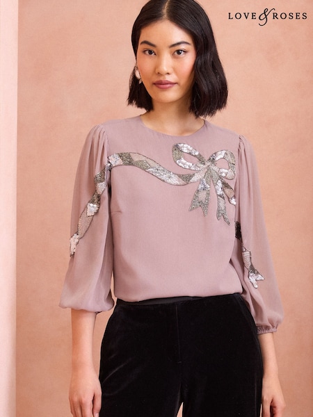 Love & Roses Pink Sequin Bow Design Short Sleeve Blouse (E13309) | €38