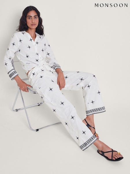 Monsoon Natural Eleanor Embroidered 100% Cotton Trousers (E13489) | €38
