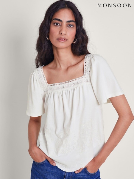 Monsoon Natural Elodie Embroidered 100% Cotton Blouse (E13494) | €27