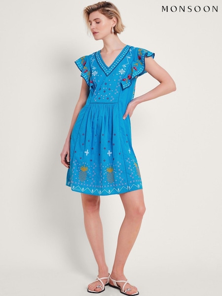 Monsoon Blue Prue Pineapple 100% Cotton Embroidered Dress (E13495) | €58