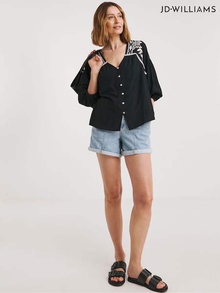 JD Williams Black Contrast Embroidery Button Through 100% Cotton Top (E13507) | €21.50