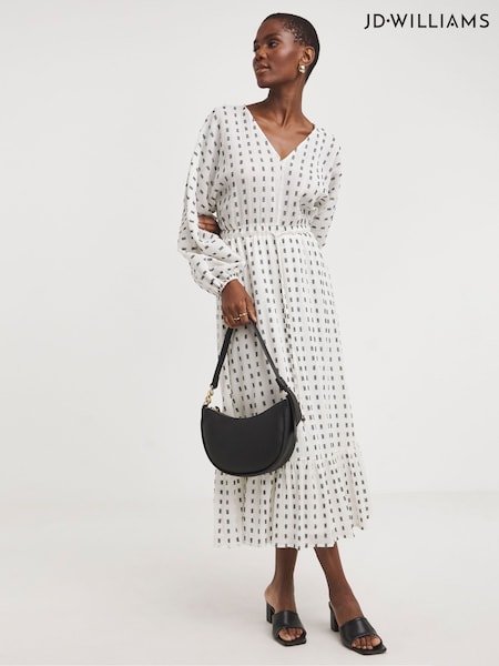 JD Williams White Contrast Dobby Balloon Sleeve 100% Cotton Maxi Dress (E13517) | €26