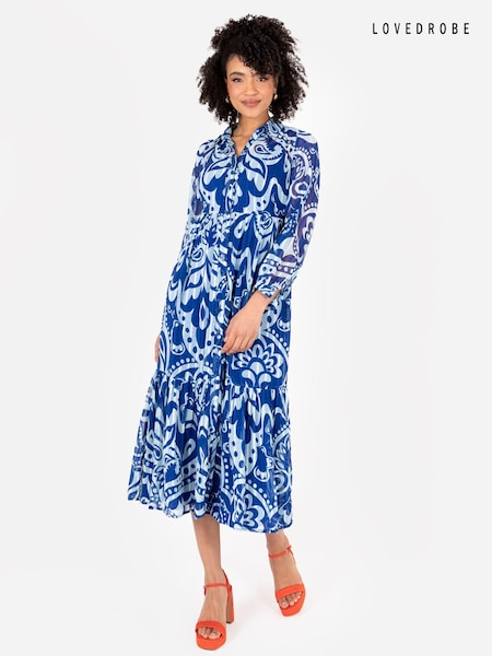Lovedrobe Blue Voluminous Sleeve Tiered Shirt Dress (E13529) | 34 €