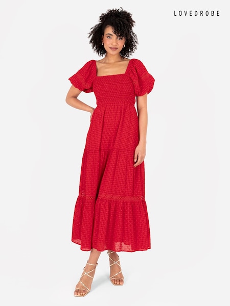 Lovedrobe Red Shirring Front Tiered Midaxi Dress With Trim Detail (E13537) | €53