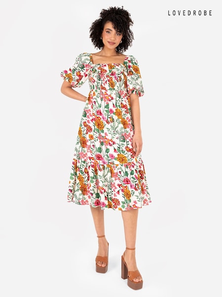 Lovedrobe Cream Smocked Bodice Square Neck Puff Sleeve Midi Dress (E13538) | 229 LEI
