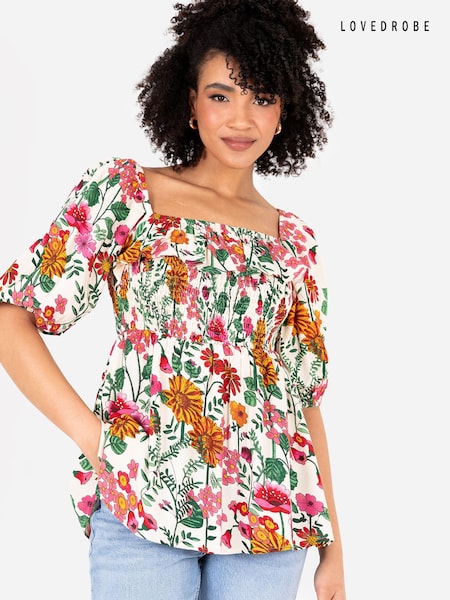 Lovedrobe Cream Smocked Bodice Square Neck Peplum Hem Top With Puff Sleeve (E13541) | €23 - €24