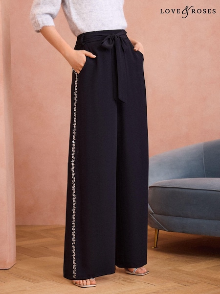 Negru cristal - Pantaloni largi, ușori, cu borduri laterale Love & Roses (E13546) | 200 LEI