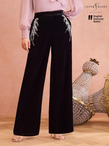 Catifea neagră - Love & Roses Hand Embodded Evazat Pantaloni (E13555) | 165 LEI
