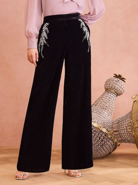 Catifea neagră - Love & Roses Hand Embodded Evazat Pantaloni (E13557) | 165 LEI