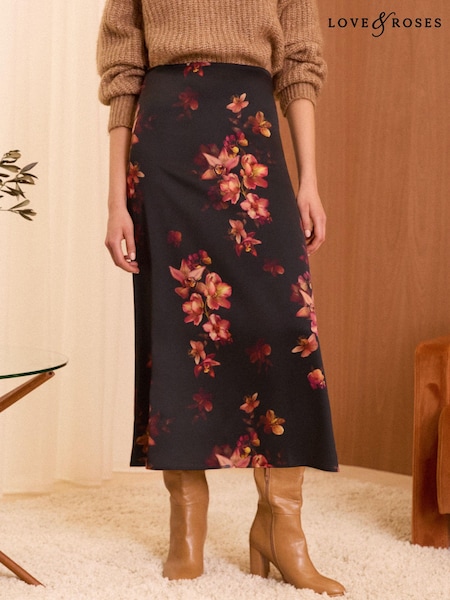 Negru cu flori - Fustă midaxi cu croi pe bie Love & Roses Satin (E13559) | 163 LEI