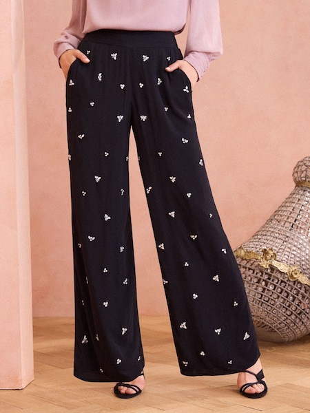 Negru - Love & Roses Hand Embodded Evazat Pantaloni (E13569) | 171 LEI