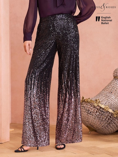 Roz - Love & Roses Ombră Paiete Evazat Pantaloni (E13573) | 225 LEI