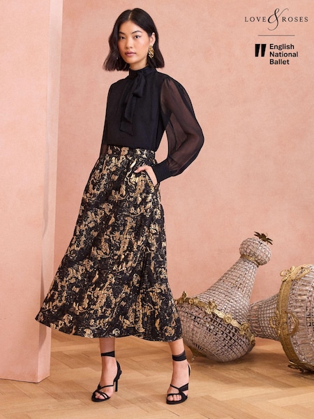 Aur Feather - Love & Roses Jacquard Midi Fuste (E13576) | 246 LEI