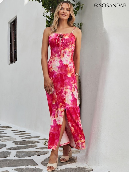 Sosandar Pink Scarf Print Beaded Strap Detail Jersey Maxi Dress (E13589) | $121