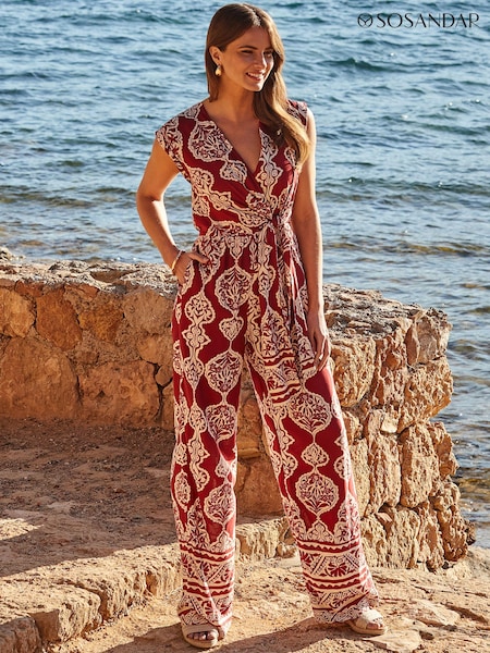 Sosandar Red Baroque Print Wrap Wide Leg Jumpsuit (E13602) | €91