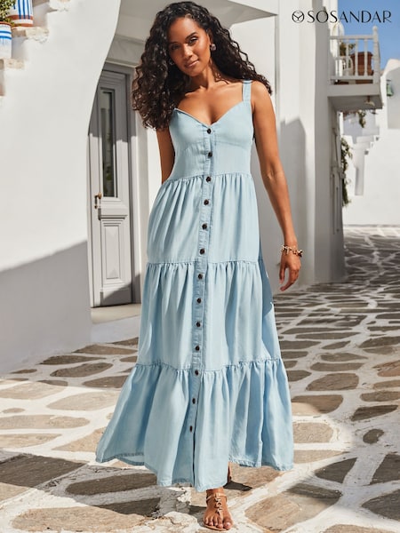 Sosandar Blue Button Front Tiered Hem Denim Dress (E13608) | €98