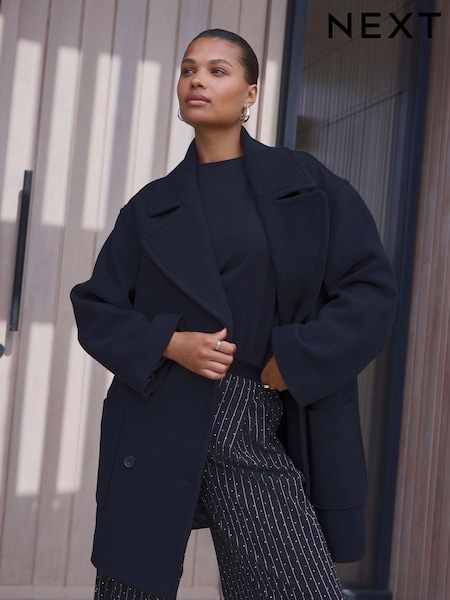 Black Premium Wool Blend Revere Coat (E13679) | kr1 403