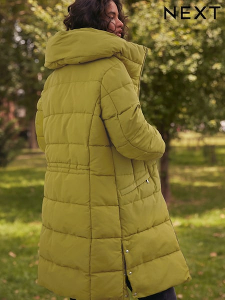 Ярко-зеленый - Shower Resistant Padded Puffer Hooded Mid Length Coat (E13690) | 41 260 тг