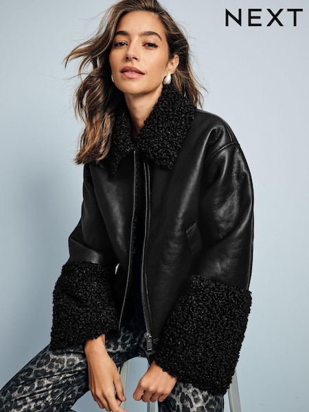 Čierna - Borg Cuff Aviator Jacket (E13693) | €94