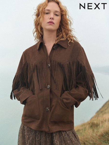 Suklaanruskea - Faux Suede Fringed Jacket (E13699) | €95
