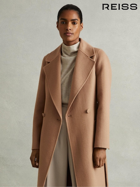 Reiss Light Camel Lucia Petite Wool Blend Double Breasted Blindseam Coat (E13743) | €495