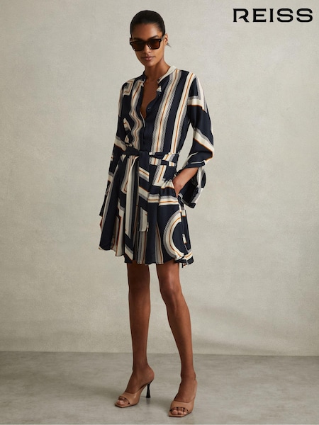Reiss Navy Ciara Geometric Print Belted Mini Dress (E13748) | €273