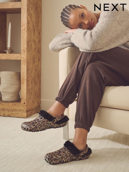 Leopard - Womens Faux Fur Lined Clogs Slippers (E13759) | €10