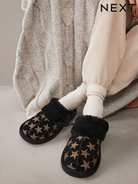 Black/Gold Stars Suede Faux Fur Lined Mule Slippers (E13760) | €13.50