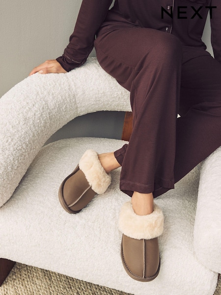 بني/كاكي - Leather Faux Fur Mule Slippers (E13771) | ‏96 د.إ.‏