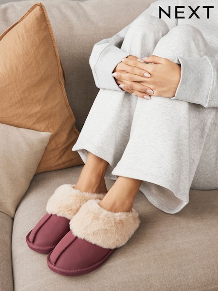 Rose Pink Leather Faux Fur Mule Slippers (E13772) | R$ 200