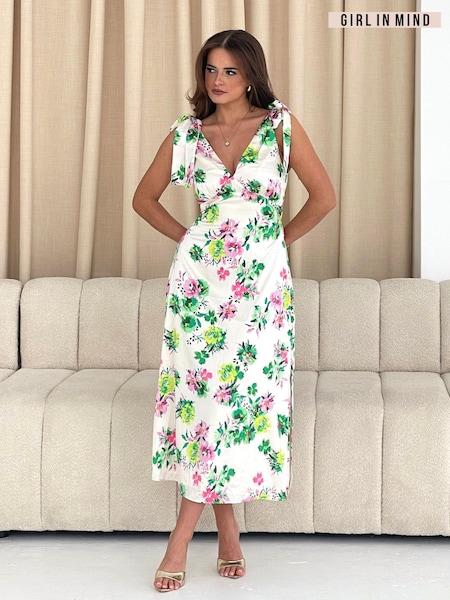 Alb cu floricele - Rochie midi cu fundă pe un umăr și floricele Girl In Mind Beverly (E13802) | 161 LEI