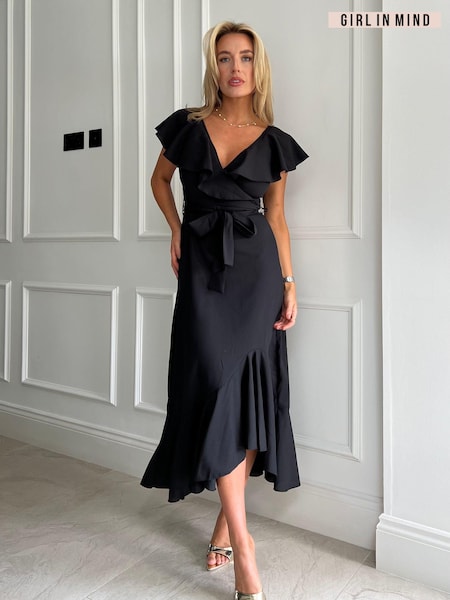 Girl In Mind Daphne Black Wrap Frill Detailed Midi Dress (E13805) | €28