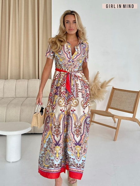 Girl In Mind Red Aurora Maxi Border Print Shirt Dress (E13808) | €38