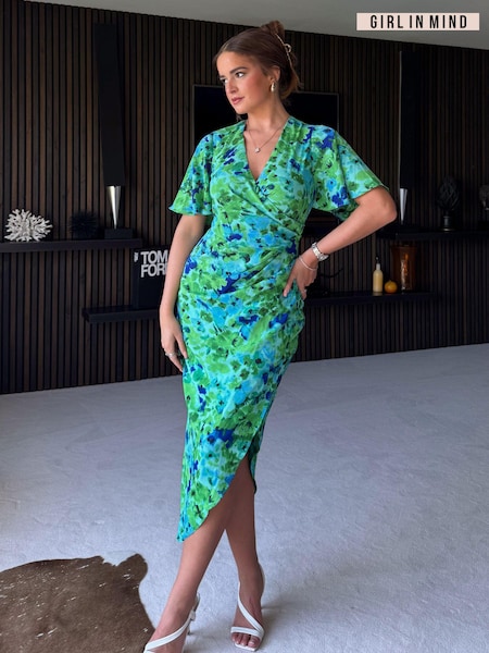 Girl In Mind Green Natasha Angel Sleeve Wrap Midi Dress (E13833) | €35