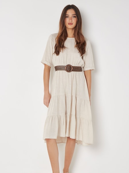 Apricot Natural Tiered Plait Belt Dress With Linen (E13841) | €50