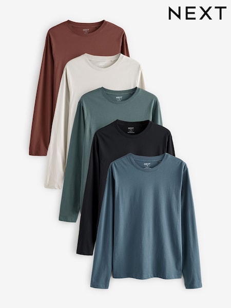 Black/Green/Navy/Brown/Grey Slim Fit Regular Fit Long Sleeve 100% Cotton T-Shirts 5 Pack (E13885) | €35